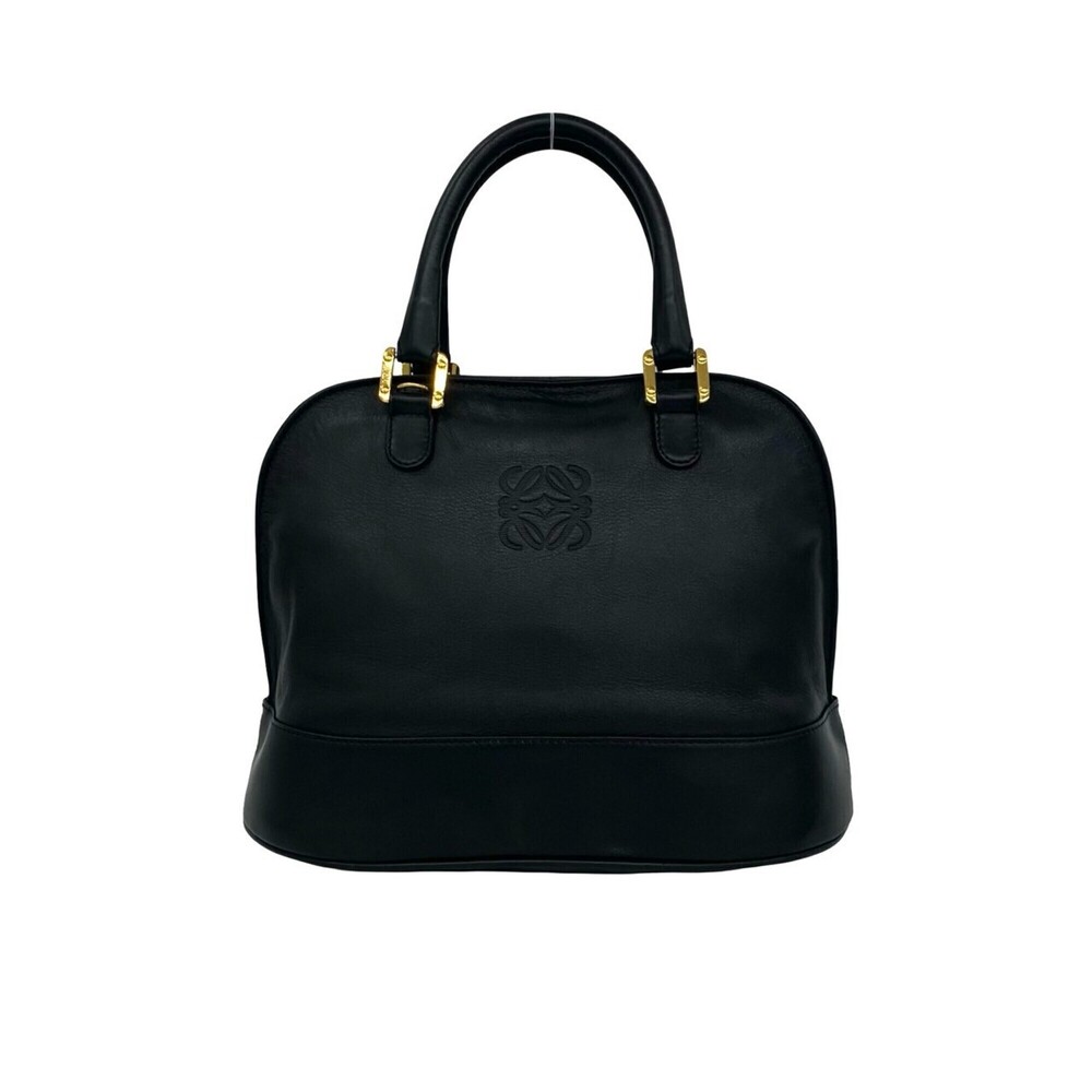 LOEWE Vintage Anagram Logo Leather Round Zip Handbag Mini Boston Bag Black 61381